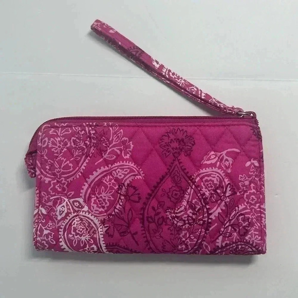 Vera Bradley Front Zip Wristlet Stamped Paisley Pink Wallet - Picture 3 of 8